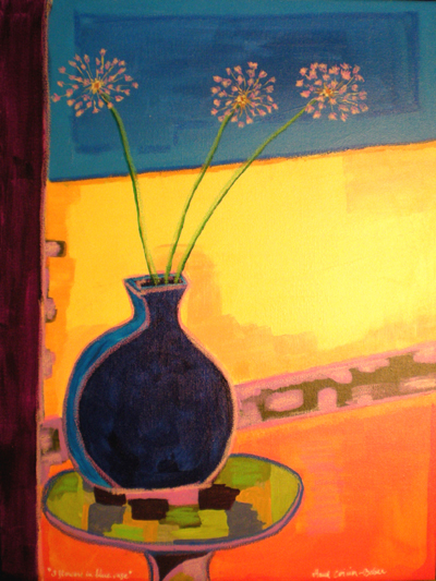 Three Flowers in Blue Vase